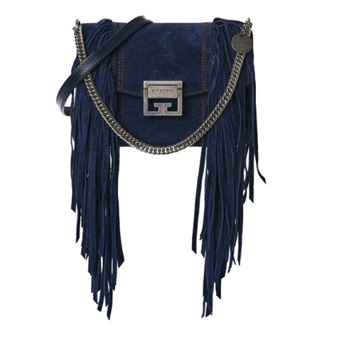 GIVENCHY Suede Fringe Small GV3 Shoulder Bag Blue